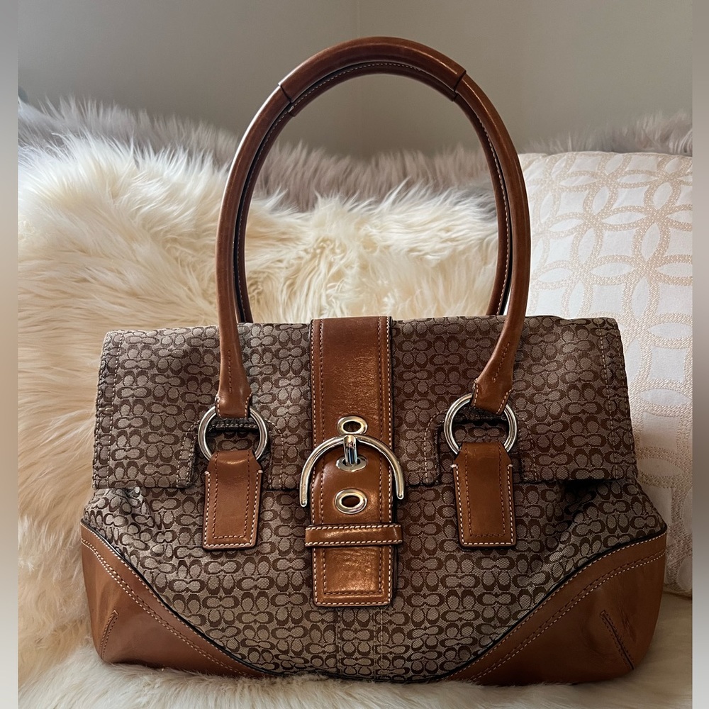 EUC Authentic Coach Soho Signature Mini C Beige Jacquard Leather Satchel